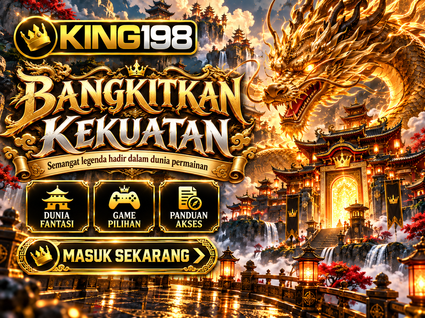 Banner KING198 fantasi oriental dengan naga emas, kuil kuno, awan mistis, dan judul Bangkitkan Kekuatan.